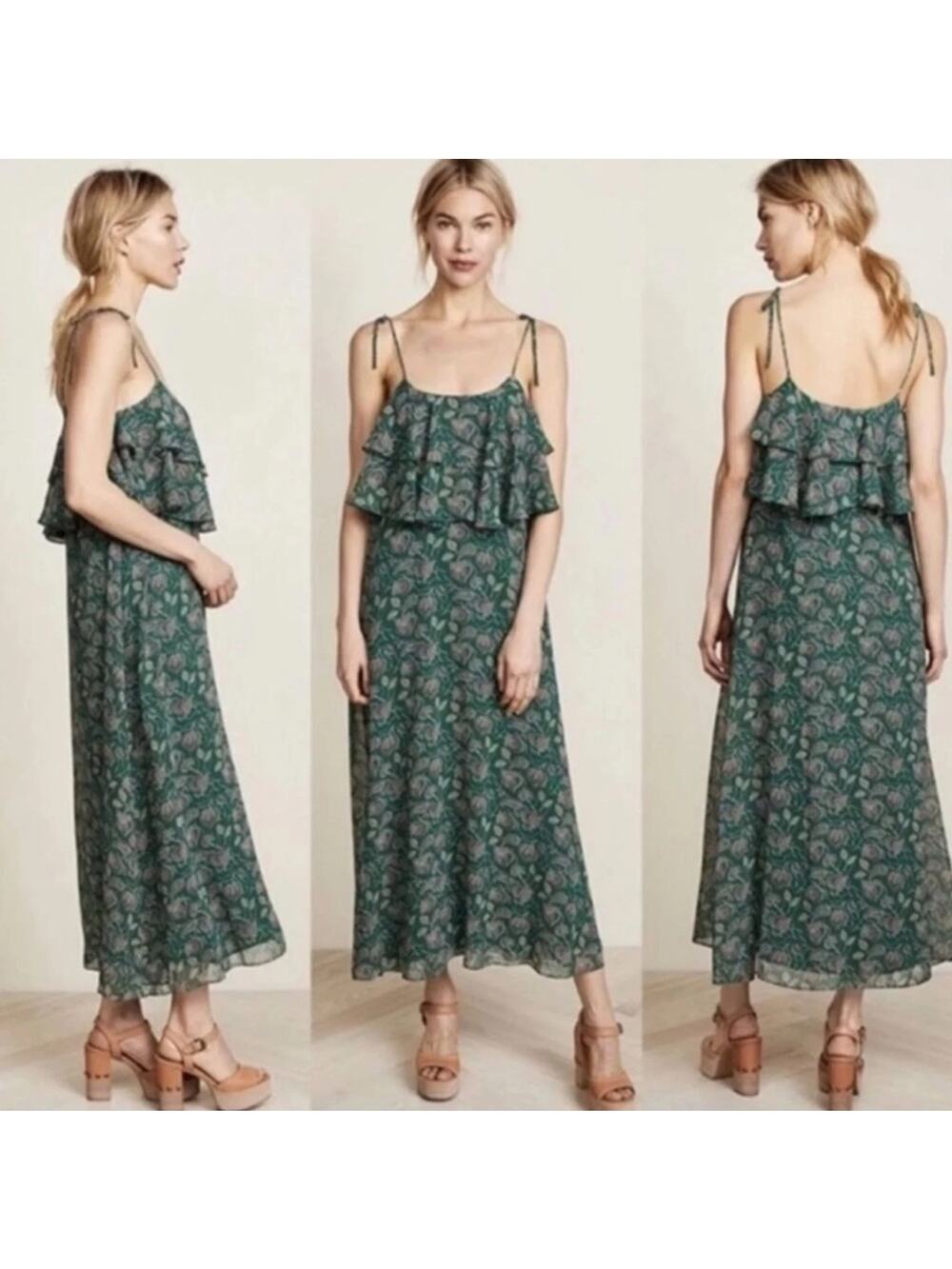 Rebecca Minkoff Green Floral Spaghetti Strap Tie long maxi Dress Size 4